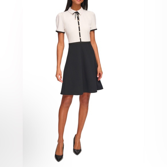 KARL LAGERFELD PARIS Collared Contrast-Trim Dress, Size 14, Black/White, NEW - Picture 2 of 12